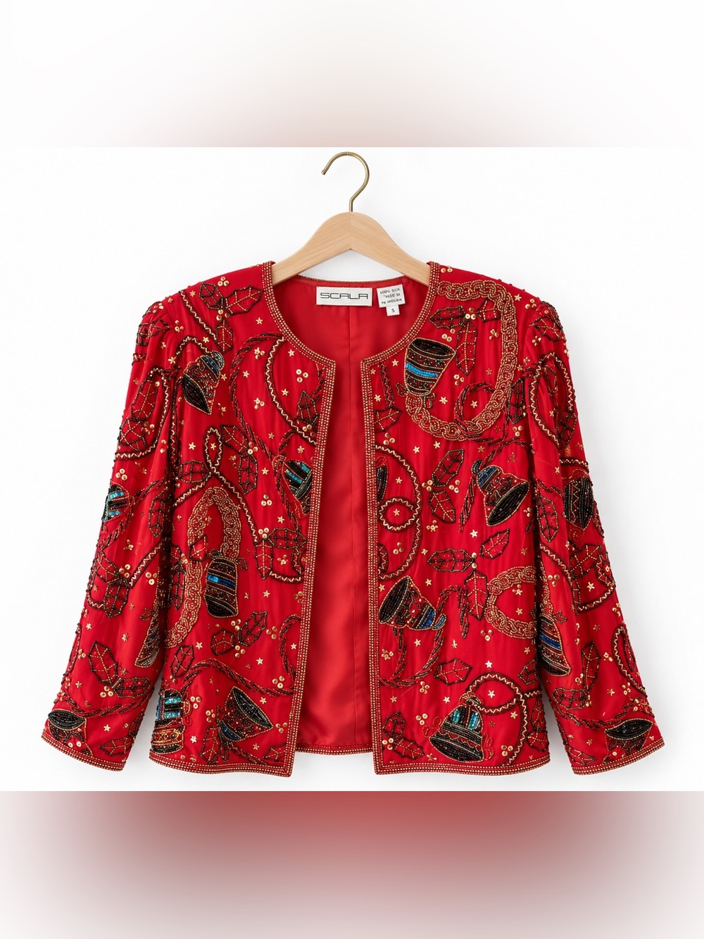 Vintage Scala 100% Silk Beaded Sequin Christmas Holiday Evening Jacket Size S